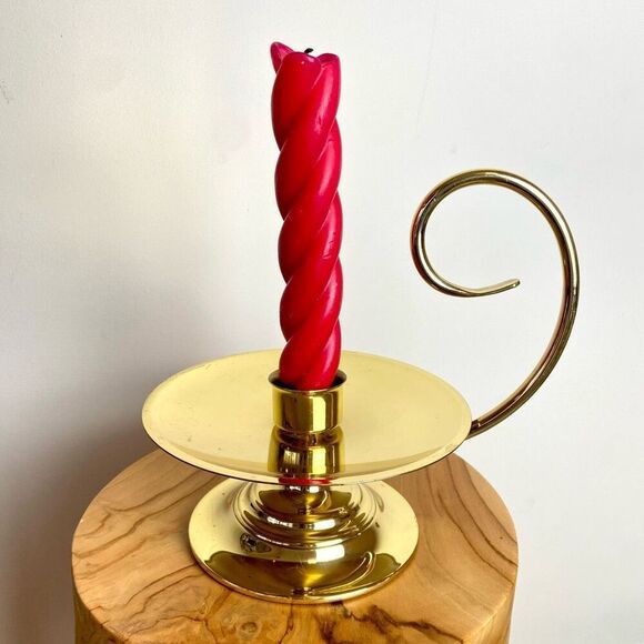 VTG Baldwin Solid Brass Chamber Candleholder + Vintage Twisted Red Candles - Picture 4 of 9